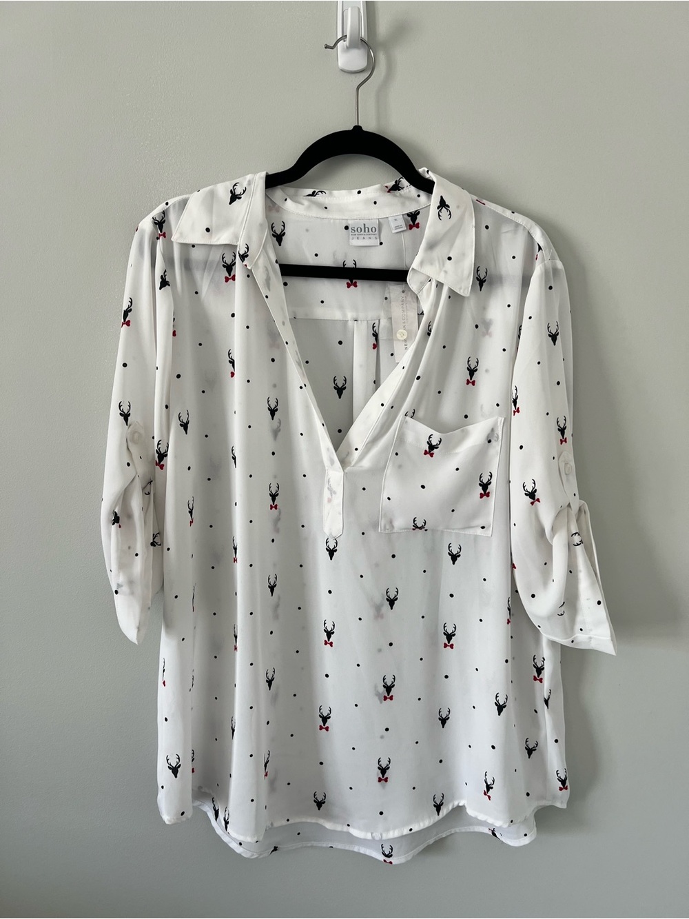 Soho White Blouse with Black Deer and Red Bow Accents